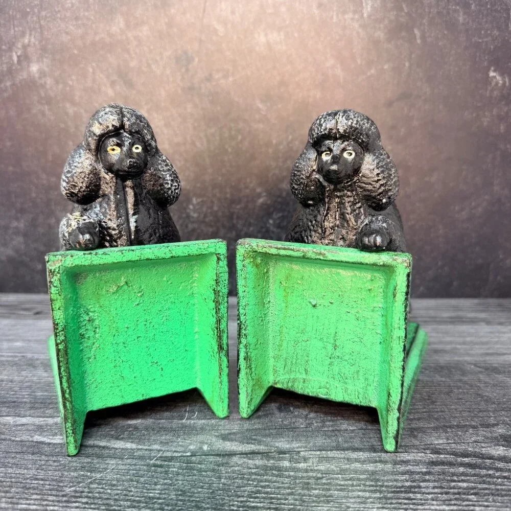 Cast Iron Black Poodle Dog Bookends Pair Vintage Style Midcentury MCM Heavy‎